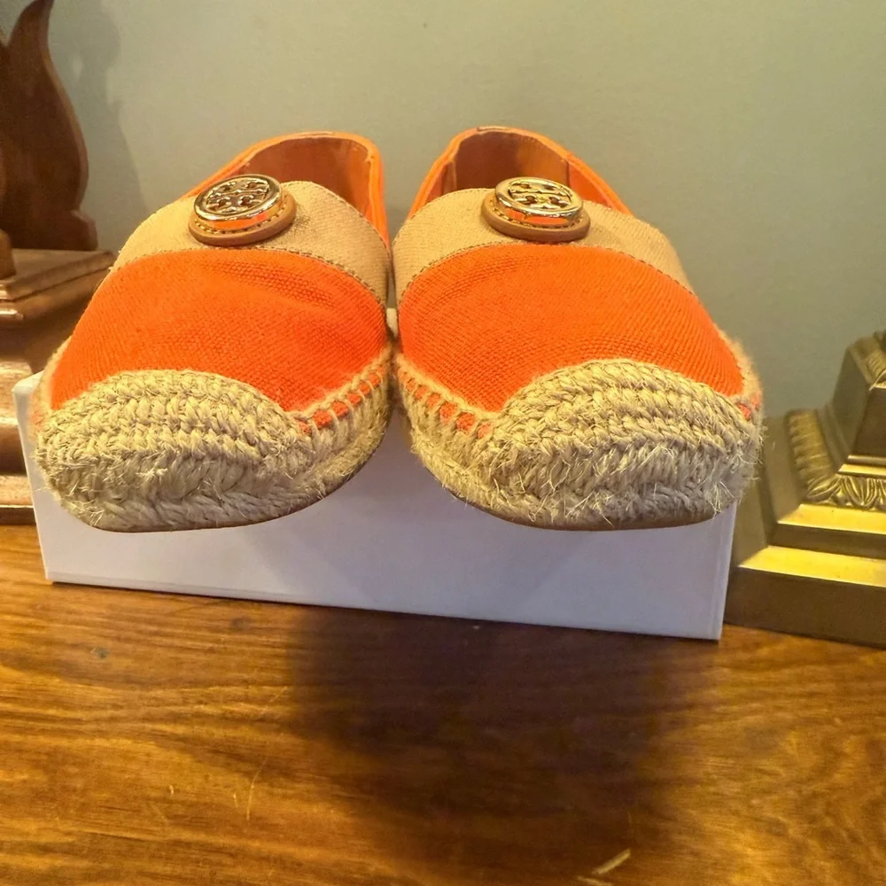 Tory Burch Beacher Orange Tan Gold Espadrilles Size 5.5